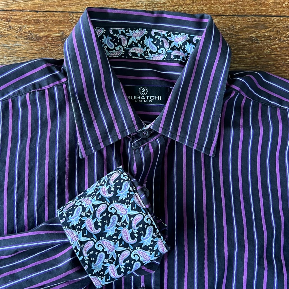 BUGATCHI UOMO Black Purple STRIPE Shirt Large Paisley Flip cuffs Long Sleeves